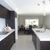 Dark Woodgrain Melamine And Engineered Stone Tops