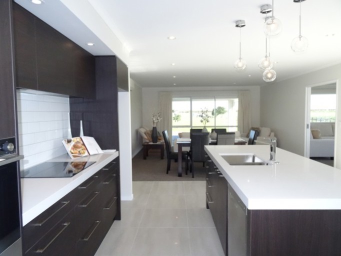 Dark Woodgrain Melamine And Engineered Stone Tops