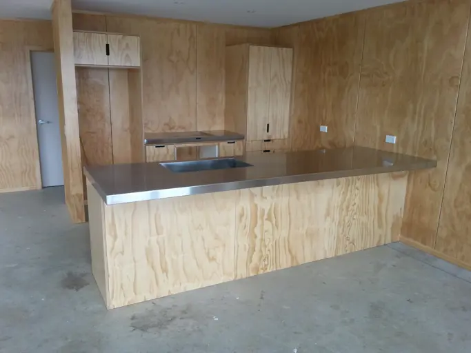 Plywood Kitchen With Stainless Steel Tops